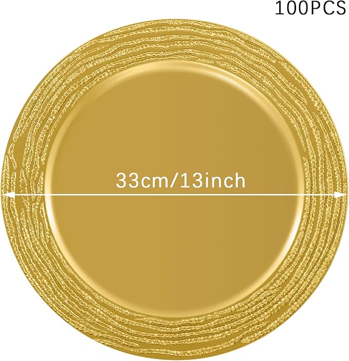 100 PCS Antique Charger Plates Bulk, 13'' Plastic Embossed Dinner Plate Chargers Round Floral Plates for Wedding Decorative Chargers for Table Dinner Kitchen Party Decoration (Golden)