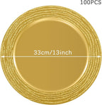 100 PCS Antique Charger Plates Bulk, 13'' Plastic Embossed Dinner Plate Chargers Round Floral Plates for Wedding Decorative Chargers for Table Dinner Kitchen Party Decoration (Golden)