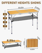 Outvita Folding Table, 3FT Aluminum Camping Table with Storage Adjustable Height Picnic Table Lightweight for Carring Outdoor Party Events Beach