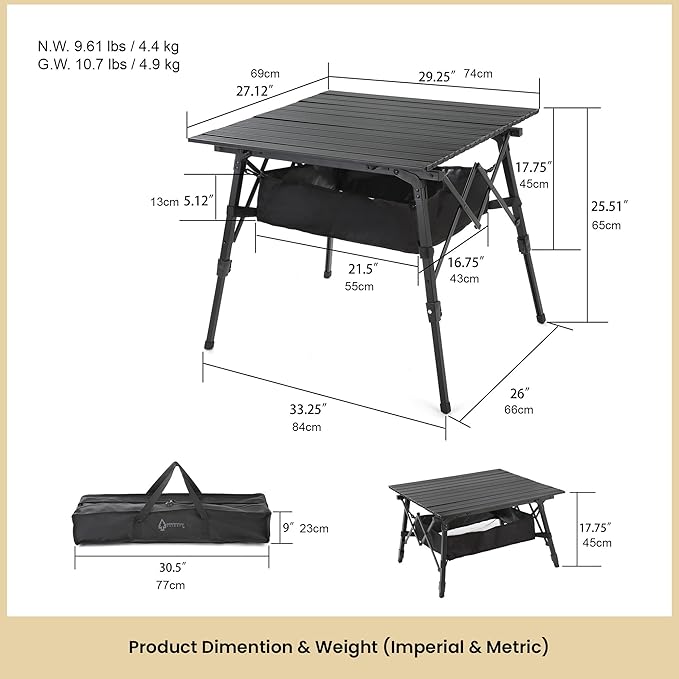 ARROWHEAD OUTDOOR 39" Aluminum Folding Camp Roll Up Table w/Adjustable Height, Undertable Mesh Storage, Carry Bag