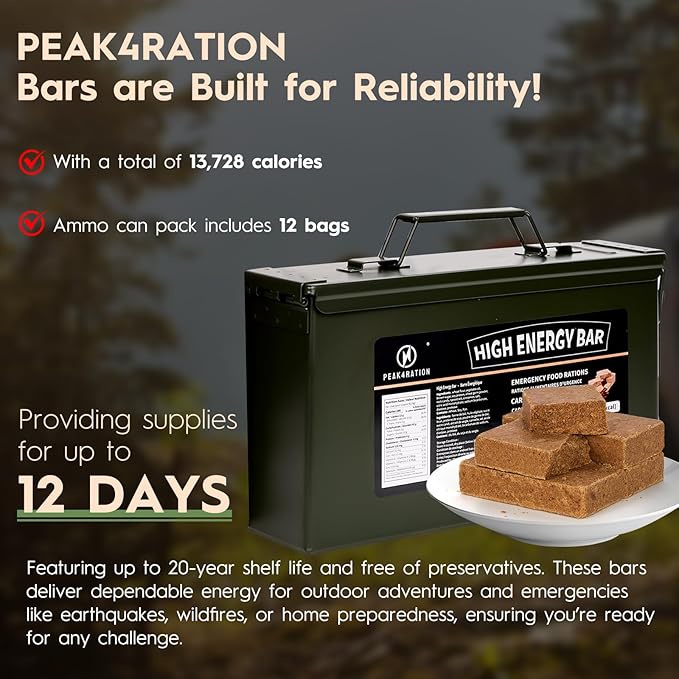 PEAK4RATION High Energy Bar | Compact Compressed Food Bar - Caramel Cinnamon 13728kcal | Long Shelf-Life Emergency Food Ration -12 Day Package 3kg (12x250g Metal Box) | Survival Preparedness Food Bar for Outdoor Camping, Crisis, Earthquake, Wildfire, H...