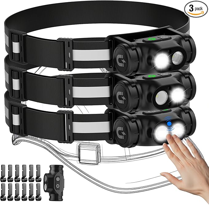 Rechargeable Headlamp 3PCS, High Lumens Bright Head Lamp Led with Motion Sensor, 4 Modes, Magnet, Detachable Flashlight & Headband for Adult,Running,Outdoor,Emergency,Hard Hat Light