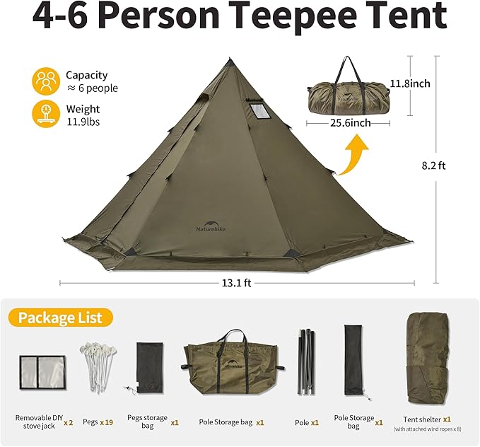 Naturehike Ranch Fire Teepee Tent, Cold Weather Winter Hot Tent with Stove Jack, 4-6 Person Waterproof Windproof 4 Season Tents for Camping