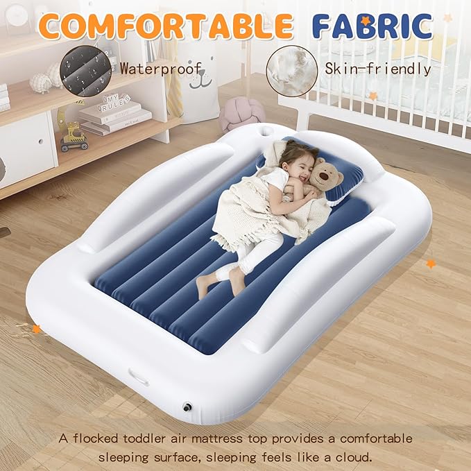 Inflatable Toddler Travel Bed - Portable Toddler Kids Travel Bed with Safety Sides Complete Kids Air Mattress Set with High-Speed Pump, Ideal for Vacation Camping and Sleepover (60 Inches)