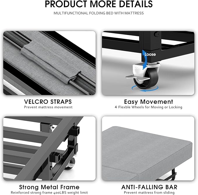 Folding Bed with Mattress, Portable Foldable Bed on Wheels for Adults, Memory Foam Mattress and Metal Frame, Space Saving Roll Away Beds for Easy Storage