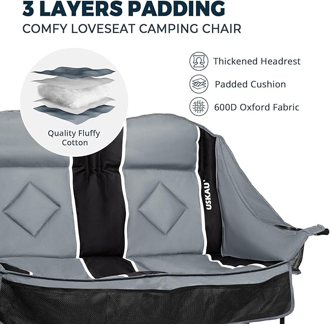 Oversized USLCamping Chair - 2 Person Portable Folding Outdoor Loveseat Heavy Duty Lawn Chairs for Adults with Padded Cushion & Dual Cup Holders, Supports 660LBS for Camping，Sports，Picnic (Grey)