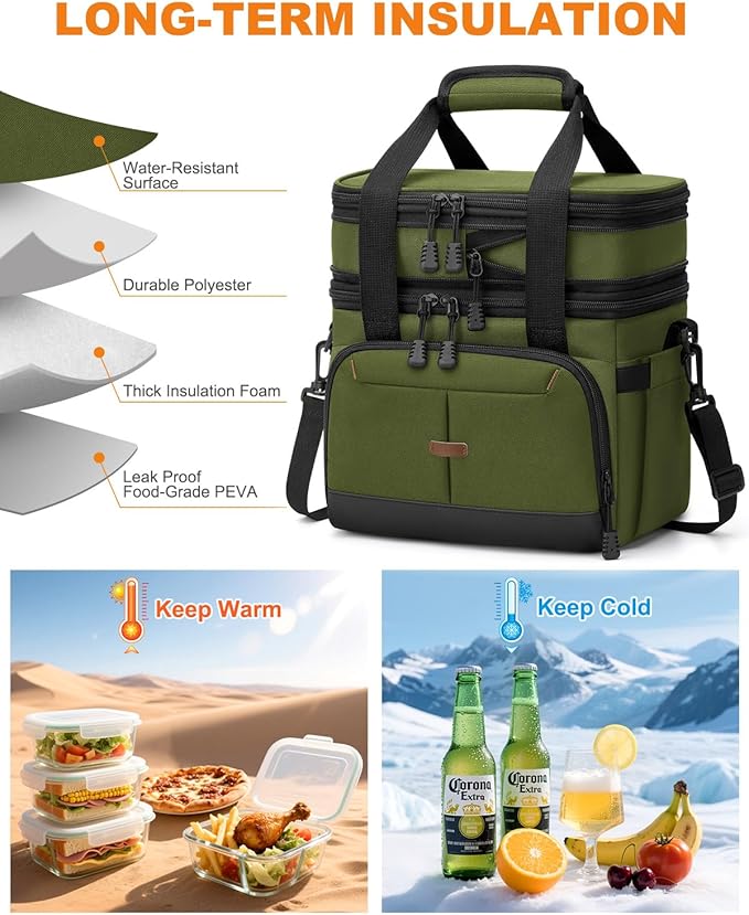 Lunch Box For Men Women Double Deck Insulated Lunch Bag For Men Woman Leakproof Expandable Cooler Bag with Adjustable Shoulder Strap for Work Shool Picnic(Green,Medium)