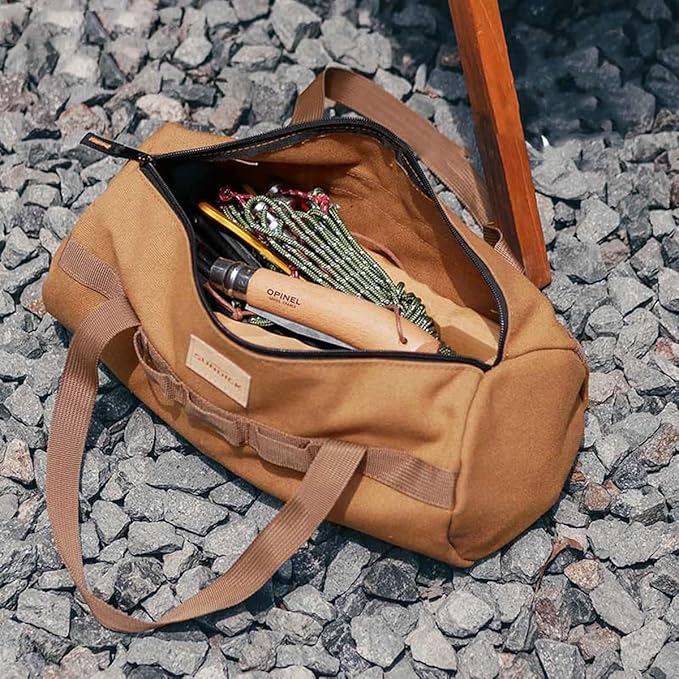 TBACW Canvas Tool Storage Bag with Zipper - Organizer for Tools, Tent Stakes & Poles, Durable Fabric Utility Pouch for Outdoor Hunting Hiking Camping Gear (Khaki)