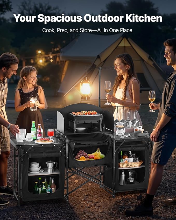 VEVOR Camping Kitchen Table, Outdoor Camp Cooking Table, Aluminum Portable Cook Station with 3 Storage Cupboard, Carrying Bag, Detachable Windscreen, Quick Set-up for BBQ Party Picnic RV Travel, Black