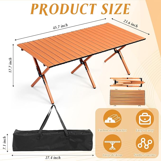 Suzile 2 Pack Foldable Camping Table 4ft Portable Lightweight Picnic Table Collapsible Roll up Metal Camp with Carry Bag for Camping, Picnic, Patio, Outdoor Party(Nut Brown)