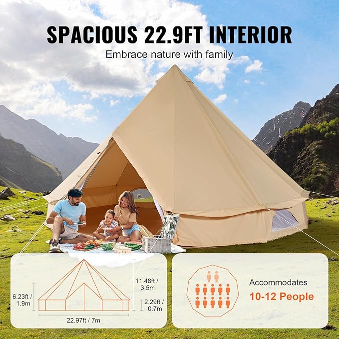 VEVOR Canvas Tent Bell, Yurt 4 Seasons for Camping with Stove Jack, Breathable Holds up to 4 People, Family Camping Outdoor Hunting Party