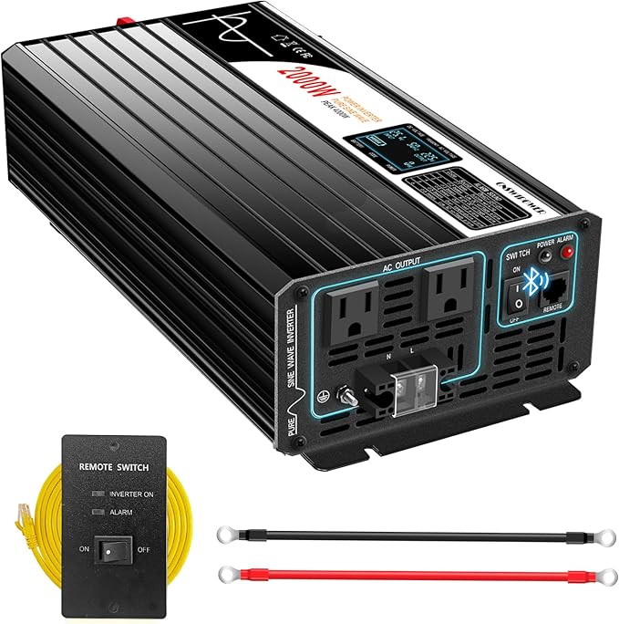 2000W (Peak Power 4000W) DC 12v to 120V AC 60HZ Pure sine Wave Solar Inverter for Home RV &Camping (DC12V (Range 10V-15V)