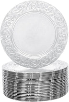 100 Pcs Silver Round Charger Plates Bulk, 13 Inch Antique Charger Plates Set, Plastic Embossed Decorative Chargers Floral Plate for Wedding,Christmas,Party, Event,Decoration (Silver)