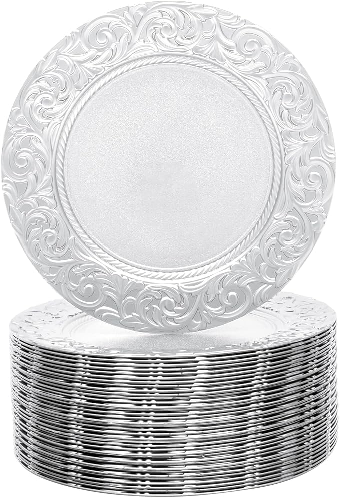DYRABREST 100 Pcs 13 Inch Silver Charger Plates, Bulk PP Wedding Chargers with Floral Reef Design Decorative Round Ruffled Rim Dinner Plates for Wedding Party Event Table Setting Decoration