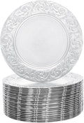 DYRABREST 100 Pcs 13 Inch Silver Charger Plates, Bulk PP Wedding Chargers with Floral Reef Design Decorative Round Ruffled Rim Dinner Plates for Wedding Party Event Table Setting Decoration