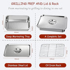 Stainless Steel Grill Prep with Lids –Serve Tray Grill Carry System for Large Food Prep, Marinating Containers, Oven Roasting, and Serving