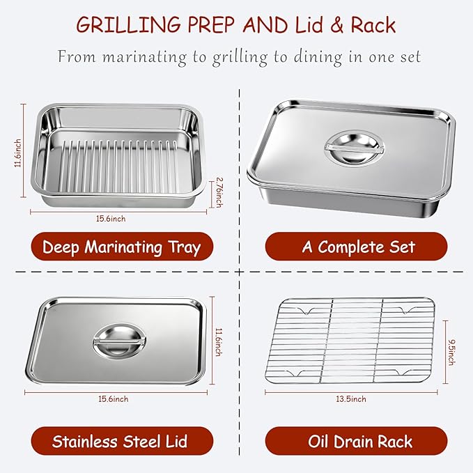 Stainless Steel Grill Prep with Lids –Serve Tray Grill Carry System for Large Food Prep, Marinating Containers, Oven Roasting, and Serving