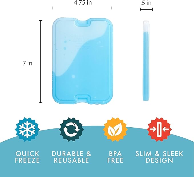 Cool Coolers by Fit & Fresh 4 Pack XL Slim Ice Packs, Quick Freeze Space Saving Reusable Ice Packs for Lunch Boxes or Coolers, Purple