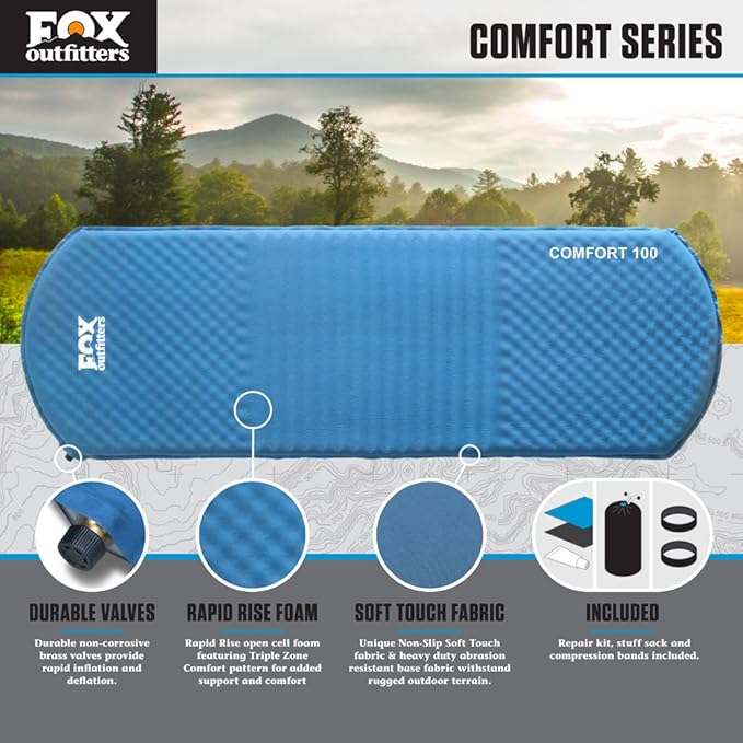 Fox Outfitters Comfort Series Self Inflating Camp Pad - Perfect Foam Sleeping Pads for Camping, Backpacking, Hiking, Hammocks, Tents (Regular)