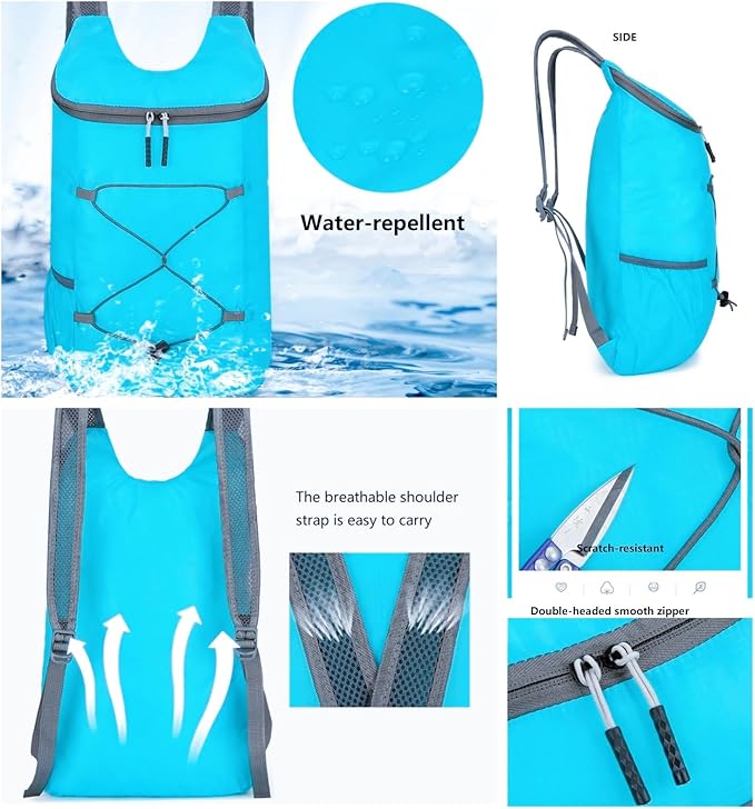 16L Foldable Backpack & Bucket Hat 2 In 1 Combo, Lightweight packable Travel Set, Compact Daypack with Sun Hat (Blue)