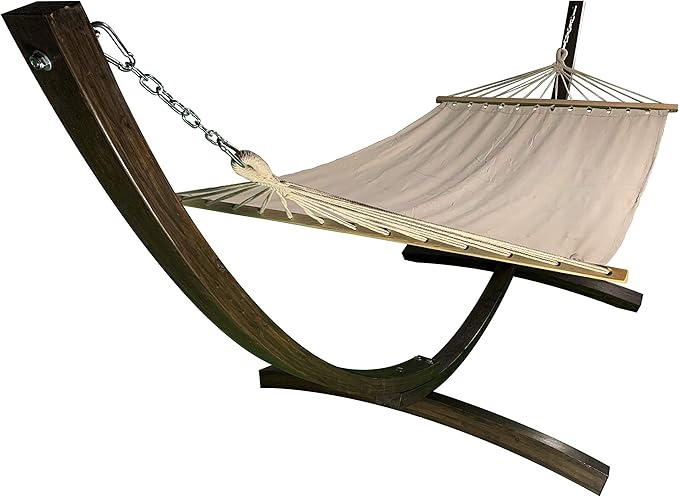 12 Ft. Water Treated Wooden Arc Hammock Stand + Premium Quilted Hammock Bed. 1 Person Bed. 300 LB Capacity(Coffee Stain/Beige)