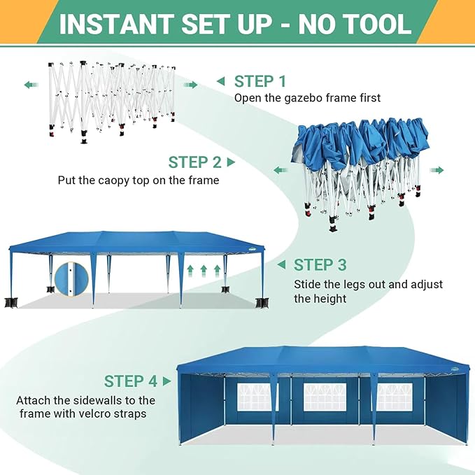 COBIZI 10x30 Pop Up Canopy Tent with 5 Sidewalls Party Tents for Parties Weddings Backyard Waterproof Commercial Instant Outdoor Events Tent with Stakes, Ropes,Sandbags（10 x 30 ft Blue