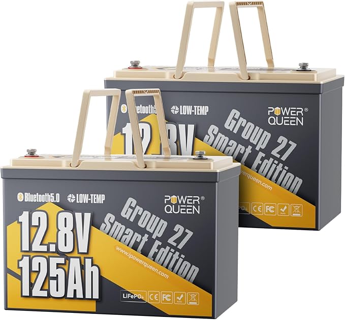 Power Queen Lithium Battery 12V 125Ah, Bluetooth Group 27 LiFePO4 Battery with Low-Temp Protection, 1600Wh Energy Max. 15000 Cycles for RV, Solar System, Trolling Motor