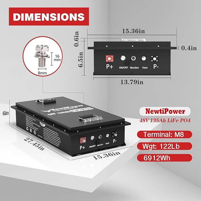 48V 135Ah Golf Cart LiFePO4 Battery with Charger and Monitor, 6912Wh Lithium Battery with 200A BMS, Up to 10000+ Rechargeable Cycles, Perfect for Golf Cart, Solar Power Storage (48V*135Ah)