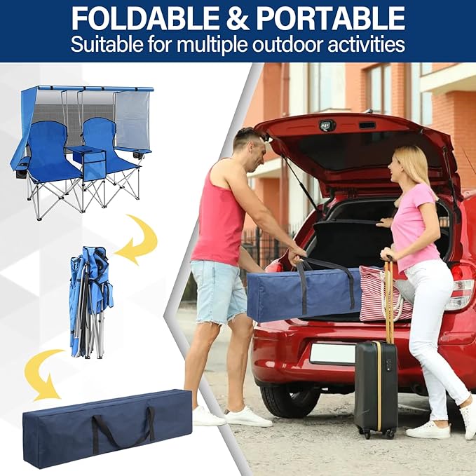 BDL Double Camping Chair with Canopy, Two Person Folding Loveseat with Shade, Heavy Duty Beach Chair with Cooler Bag, Cup Holder for Outside, Fishing, Sports, Beach-Sky Blue