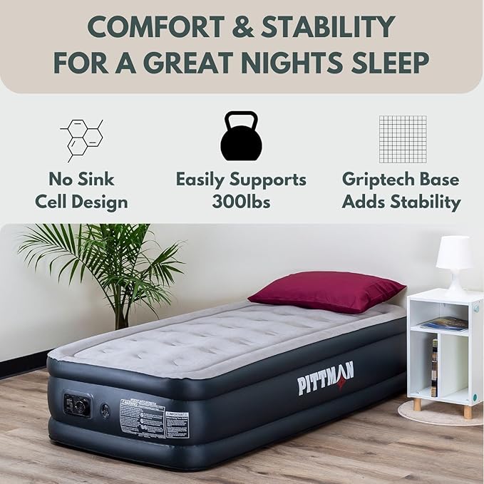 Pittman Outdoors - Black 18" Luxury Double High Twin Air Mattress with Built in Pump - Premium Comfort Twin Size Blow up Mattress - 300lb Capacity - Ideal for Home Visits, Guests, Travel or Camping