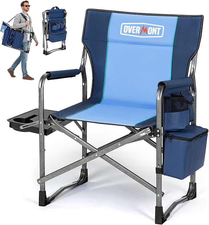 Overmont Oversized Lightweight Camping Chair - Portable Comfortable Heavy Duty Foldable Directors Chairs with Side Table & Cooler Bag for Outside Camp Beach Picnic Lawn and Fishing Supports 400lbs