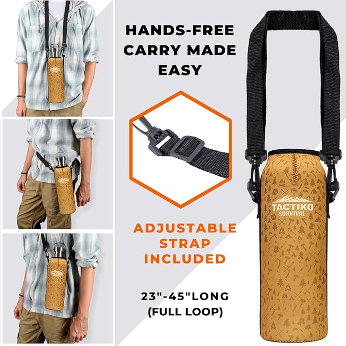 Tactiko Survival 51 oz/1500 ml Stainless Steel Wide Mouth Water Bottle, Single Wall Boil-Safe, Leakproof, BPA-Free with Carry Sleeve and Strap for Camping, Hiking, Outdoor Prep (Tan)