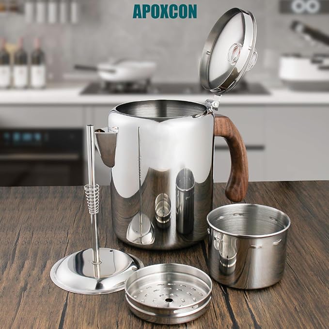 Coffee Percolator Pot Stainless Steel Coffee Maker with Tough Glass Knob & Fireproof Solid Wood Handle & Drip-Free Spout Camping Coffee Pot Using on any Stovetop NO Aluminum NO Plastic (8 Cup)