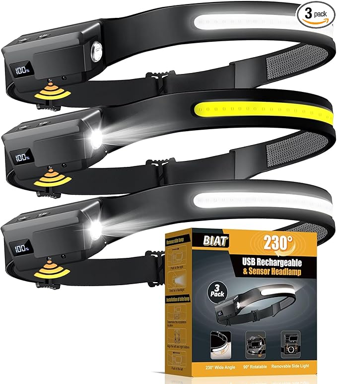 LED Headlamp Rechargeable 3PCS, 230° Wide Beam Headlight with Motion Sensor, 90° Rotation and Removable Head Lights for Forehead, 5Mode Head Lamp for Adults, Camping Essentials Gear for Hiking