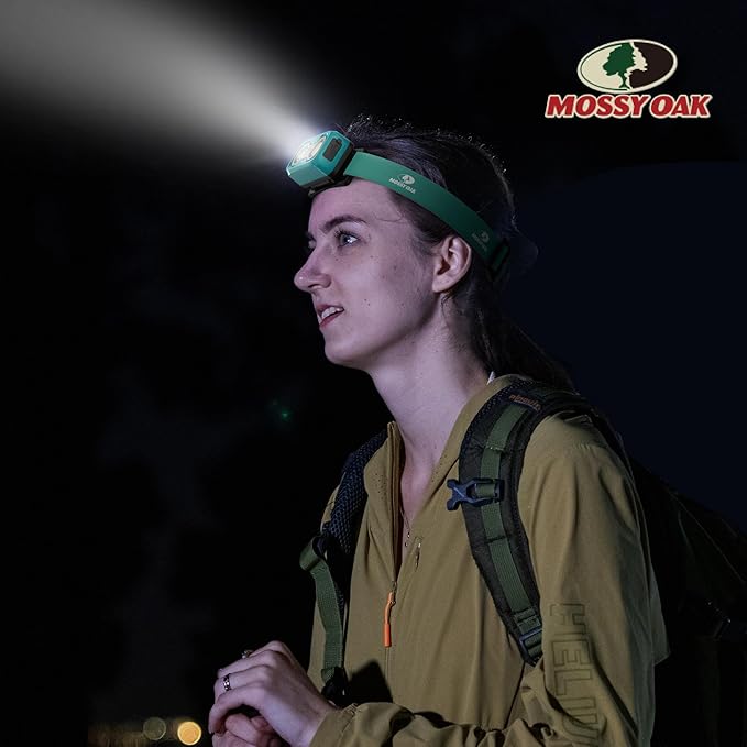 Mossy Oak 600 Lumens Rechargeable Headlamp, Lightweight LED Headlight with White & Red Light, Waterproof Head Lamp with Non-Slip Band, Dimmable & Memory Function for Camping, Running, Valentine's Day