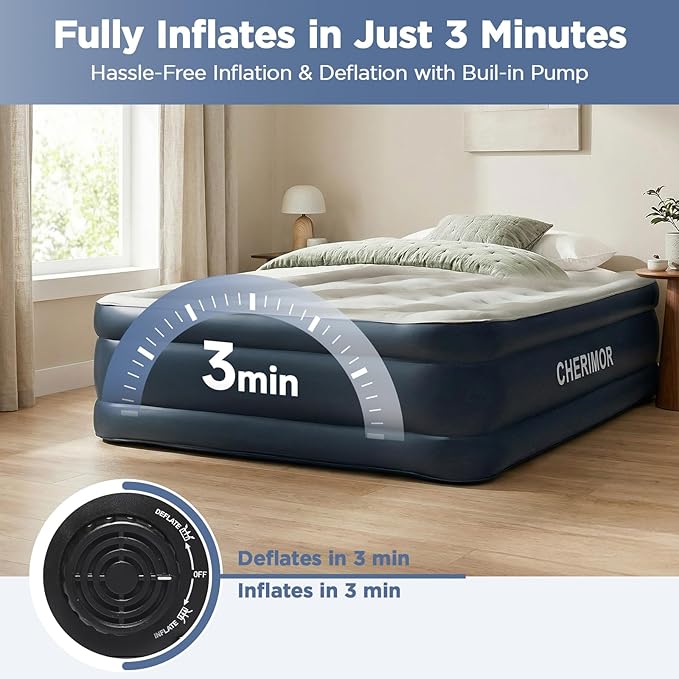 Queen Air Mattress with Built in Pump, 18" Elevated Height, 48Hr Leak-Tested, Honeycomb Coil Support, 800 lbs Capacity, Fast 3-Min Inflation–Blow Up Mattress for Guest Room & Sleepover