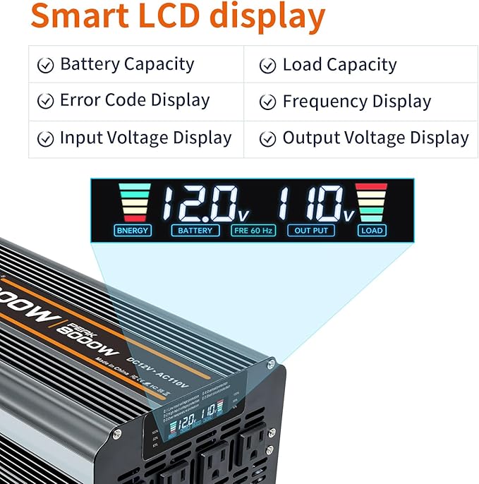 4000w Power Inverter DC 12V to AC 110V/120V Converter with 8000w Peak.Comes with LCD Display, Wireless Controller,4AC outlets 1USB.RV Inverter,Suitable for Camping,and Off-Grid Solar Inverter Systems