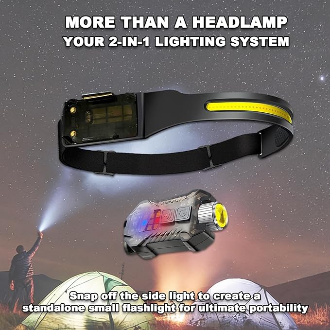Headlamp Rechargeable LED Head Lamp with Motion Sensor, 2 in 1 Detachable 230° Wide Beam Headlight for Forehead, Hard Hat Headlamps for Adults, for Hiking, Repairing, Fishing, Running, Camping (Black)