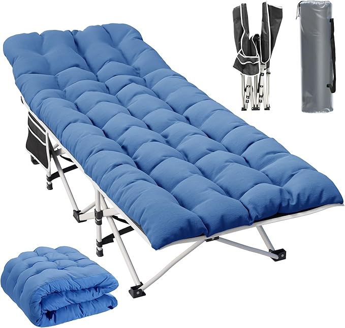 YITAHOME Camping Cots w/Mattress Portable Lounge Chair Outdoor Folding Cot Heavy Duty 575 LB Capacity 1200D Oxford w/Carry Bag Travel Camp Bed for Camping, Office, Traveling, Navy Blue