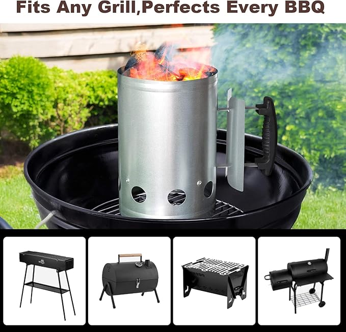 BEAU JARDIN Charcoal Chimney Starter 11"X7" Grill Barbecue BBQ Galvanized Steel Chimney Lighter Basket Outdoor Cooking Quick Rapid Fire Briquette Starters Can Canister for Grilling Camping Accessories