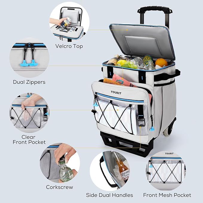 TOURIT 75 Can Insulated Rolling Cooler, Detachable Double Deck Beach Cooler with Wheels, Collapsible Soft Sided Cooler Bag for Beach, Camping, Picnic, Travel, Shopping