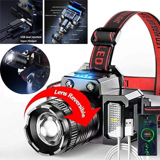 Headlamp Rechargeable Head Lamp LED, Super Bright Motion Sensor Head Light with Red/White/Blue Light, Waterproof Adults Forehead Flashlight Headlight for Camping, Running, Hiking, Fishing