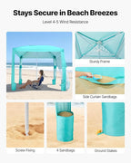 VEVOR Beach Cabana, 8 x 8 ft Beach Canopy with Side Wall, UPF 50+ Protection Easy Setup Cabana Tent with Sand Pockets, Adjustable Height Portable Shade Sun Shelter Umbrella for Family & Friends, Green