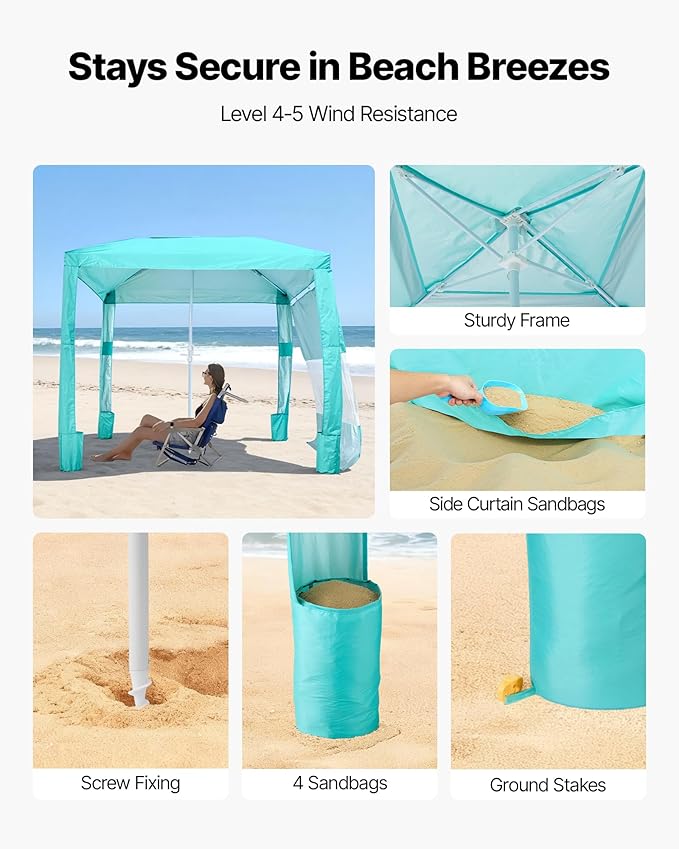 VEVOR Beach Cabana, 8 x 8 ft Beach Canopy with Side Wall, UPF 50+ Protection Easy Setup Cabana Tent with Sand Pockets, Adjustable Height Portable Shade Sun Shelter Umbrella for Family & Friends, Green