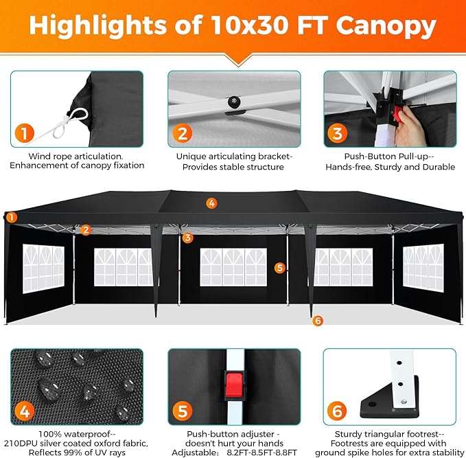 COBIZI 10x30 Pop Up Canopy Tent with Removable Sidewalls, Waterproof Portable Easy Up Canopy with Carry Bag, Instant Outdoor Shelter Tents for Parties, Events, Backyard Gatherings, Weddings, Black