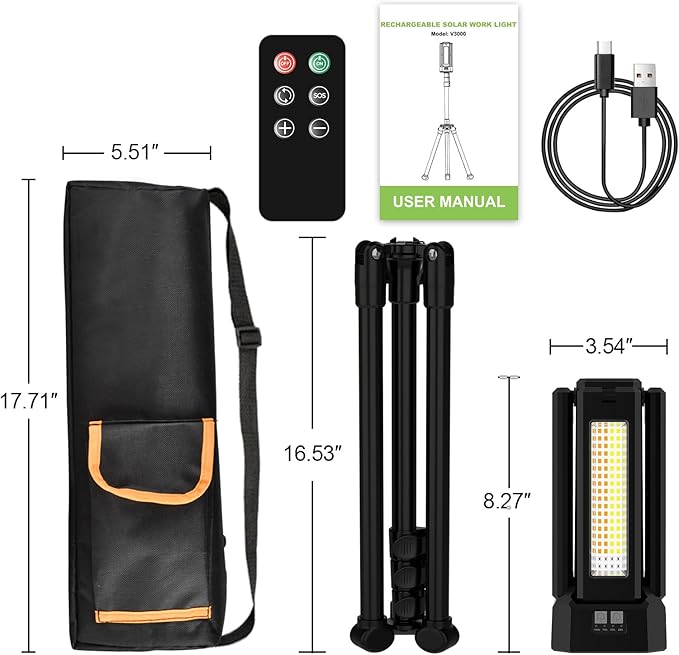 13200mAh Rechargeable Solar Work Light with Folding Stand and Carrying Bag, AODOO 8000 Lumen Stepless Dimmable , White/Warm/Nature White/RED(SOS) with Detachable Tripod (Black(Remote))