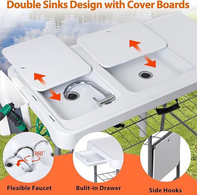 ZENY Fish Cleaning Table with Sink, 42.4" Width Portable Folding Camping Table, Outdoor Fish Cleaning Station with Grid Rack and Fish Cleaning Kit for Picnic