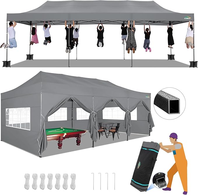 COBIZI 10x30 Pop up Canopy Tent 10x30 Canopy with Sidewalls, Heavy Duty Party Tent Tents for Parties, Foldable UPF 50+ Waterproof Commercial Easy up Canopy with Roller Bag, Grey(Windproof Upgraded)