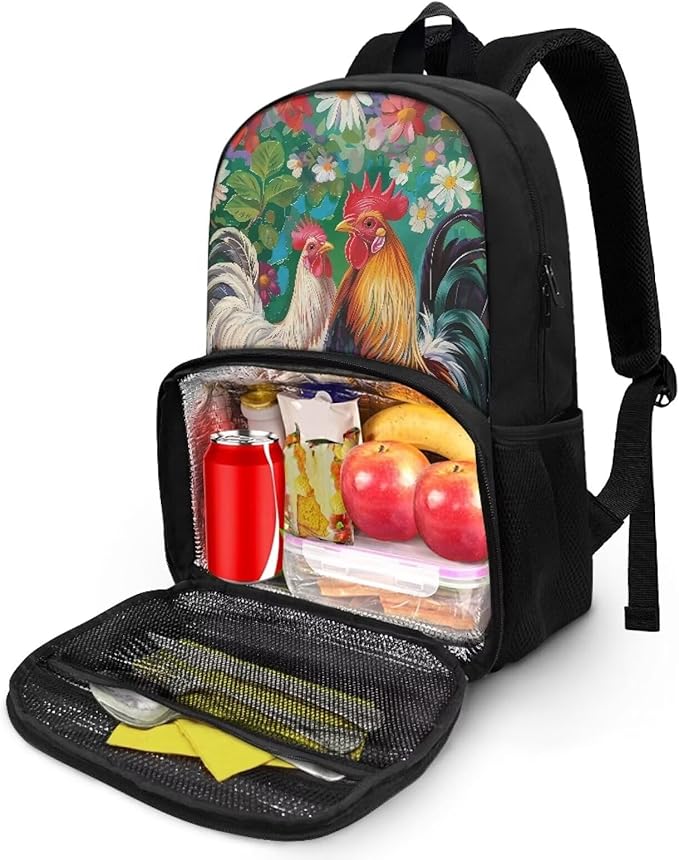 17 Inch Travel Laptop School Backpack for Women Men, Business Work Computer Backpacks Purse Hiking Dayback College Bag with Multi Pockets Large Kids Bookbag, Chicken Rooster Garden