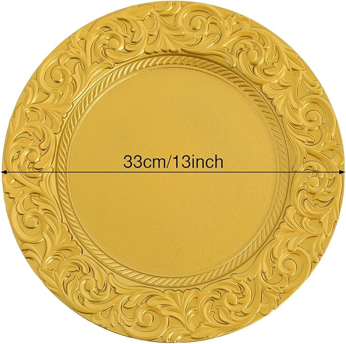 50 Pcs Gold Charger Plates Bulk, 13" Round Plastic Embossed Charger Plates, Decorative Table Dinner Chargers for Thanksgiving, Halloween, Wedding, Party, Christmas, Decor (Gold)